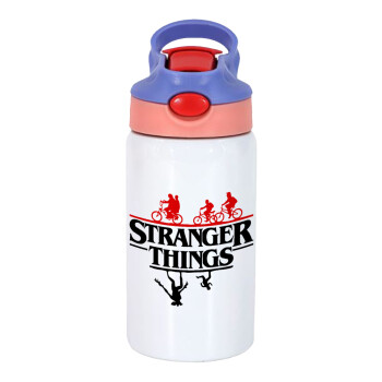 Stranger Things upside down, Children's hot water bottle, stainless steel, with safety straw, pink/purple (350ml)