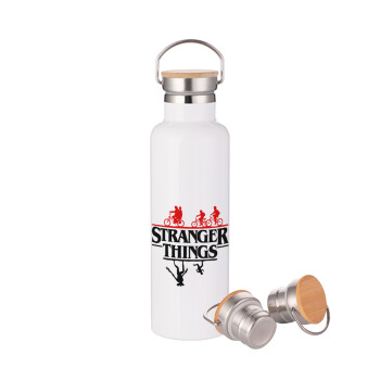 Stranger Things upside down, Stainless steel White with wooden lid (bamboo), double wall, 750ml