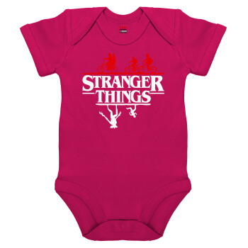 Stranger Things upside down, Βρεφικό φορμάκι μωρού, 0-18 μηνών, ΡΟΖ, 100% Organic Cotton, κοντομάνικο