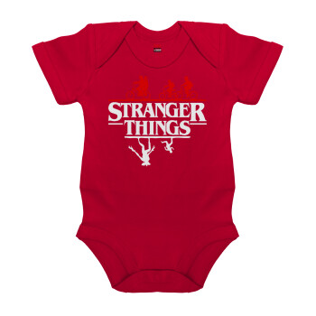 Stranger Things upside down, Βρεφικό φορμάκι μωρού, ΚΟΚΚΙΝΟ, 100% Organic Cotton, κοντομάνικο