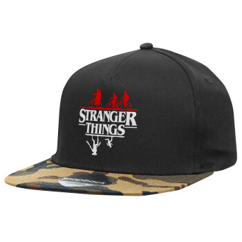 Stranger Things upside down, Adult Flat Snapback Hat Black/Camouflage, (100% COTTON TWILL, ADULT, UNISEX, ONE SIZE)