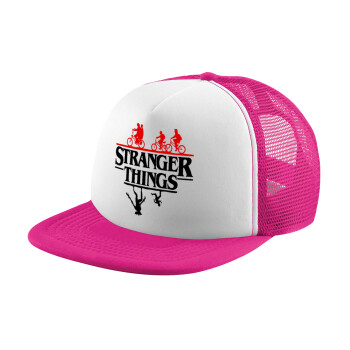 Stranger Things upside down, Adult Soft Trucker Hat with Pink/White Mesh (POLYESTER, ADULT, UNISEX, ONE SIZE)