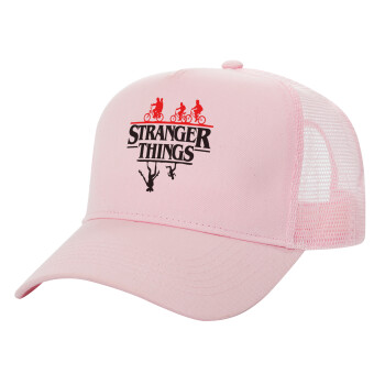 Stranger Things upside down, Adult Structured Trucker Hat, with Mesh, PINK (100% COTTON, ADULT, UNISEX, ONE SIZE)