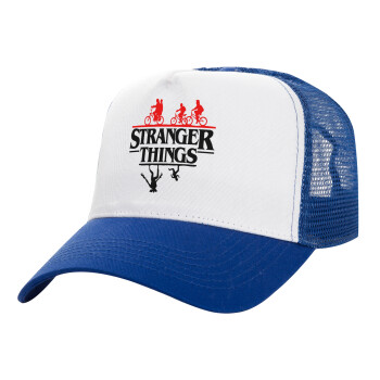 Stranger Things upside down, Adult Structured Trucker Hat, with Mesh, WHITE/BLUE (100% COTTON, ADULT, UNISEX, ONE SIZE)