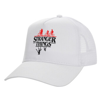 Stranger Things upside down, Structured Trucker Adult Hat, with Mesh, WHITE (100% COTTON, ADULT, UNISEX, ONE SIZE)