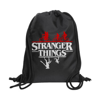 Stranger Things upside down, Backpack pouch GYMBAG Black, with pocket (40x48cm) & thick cords