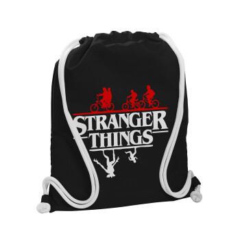 Stranger Things upside down, Backpack pouch GYMBAG Black, with pocket (40x48cm) & thick white cords