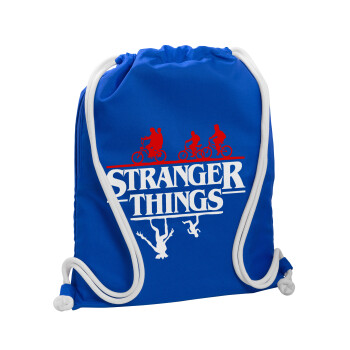 Stranger Things upside down, Backpack pouch GYMBAG Blue, with pocket (40x48cm) & thick cords