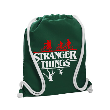 Stranger Things upside down, Backpack pouch GYMBAG BOTTLE GREEN, with pocket (40x48cm) & thick white cords