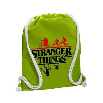 Stranger Things upside down, Backpack bag GYMBAG LIME GREEN, with pocket (40x48cm) & thick cords