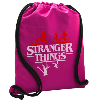 Stranger Things upside down, Τσάντα πλάτης πουγκί GYMBAG Φούξια, με τσέπη (40x48cm) & χονδρά κορδόνια