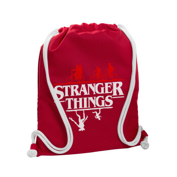 Stranger Things upside down, Backpack pouch GYMBAG Red, with pocket (40x48cm) & thick cords