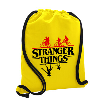 Stranger Things upside down, Backpack pouch GYMBAG Yellow, with pocket (40x48cm) & thick cords