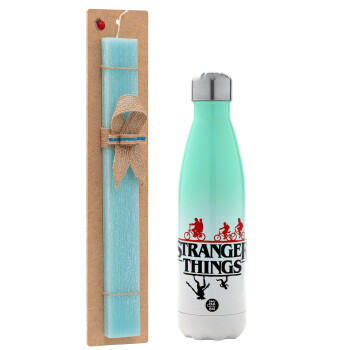 Stranger Things upside down, Easter Set, Metallic green/white thermos (Stainless steel), double-walled, 500ml & scented flat Easter candle (30cm) (TURQUOISE)