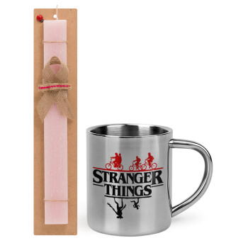 Stranger Things upside down, Easter Set, metallic thermal cup (300ml) & aromatic flat Easter candle (30cm) (PINK)