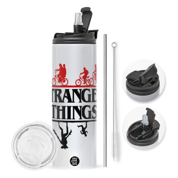 Stranger Things upside down, Travel Tumbler 2 Lids, with metal straw & cleaning brush (Stainless steel 304 Food grade, BPA free, 600ml)