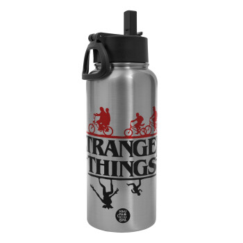 Stranger Things upside down, Metal mug thermo Silver with Straw and Spout Lid (Stainless steel), double wall, 950ml