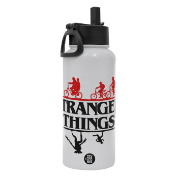 Stranger Things upside down, Metal mug thermo White with Straw and Spout Lid (Stainless steel), double wall, 950ml