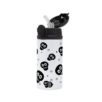 Skull avatar, Children's hot water bottle, stainless steel, with safety straw, Black (360ml) BPA-FREE