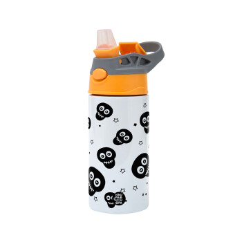 Skull avatar, Children's hot water bottle, stainless steel, with safety straw, Orange/Grey (360ml) BPA-FREE