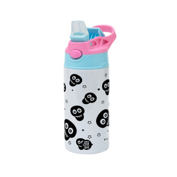 Skull avatar, Children's hot water bottle, stainless steel, with safety straw, Pink/BlueCiel (360ml) BPA FREE