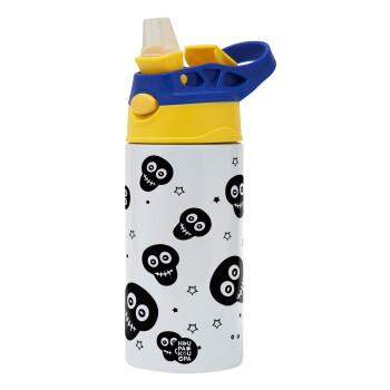 Skull avatar, Children's hot water bottle, stainless steel, with safety straw, green, blue (360ml) BPA FREE