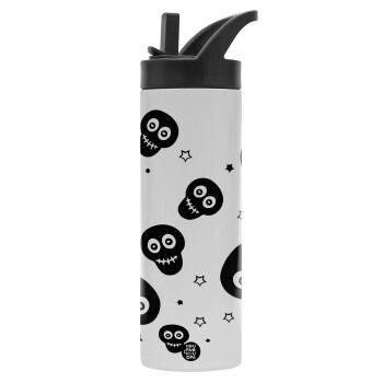 Skull avatar, Metallic thermos bottle with straw & handle, stainless steel (Stainless steel 304), double-walled, 600ml.