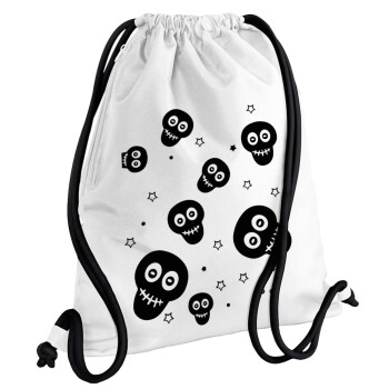 Skull avatar, Τσάντα πλάτης πουγκί GYMBAG λευκή, με τσέπη (40x48cm) & χονδρά κορδόνια