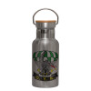 Stainless steel metallic thermos flask, silver with a bamboo lid, double-walled, 350ml.