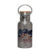 Stainless steel metallic thermos flask, silver with a bamboo lid, double-walled, 350ml.