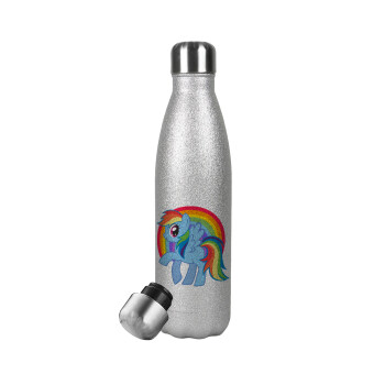 My Little Pony, Μεταλλικό παγούρι θερμός Glitter Aσημένιο (Stainless steel), διπλού τοιχώματος, 500ml