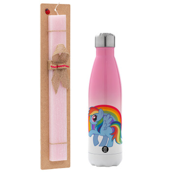 My Little Pony, Easter Set, Metallic pink/white (Stainless steel) thermos, double-walled, 500ml & aromatic flat Easter candle (30cm) (PINK)