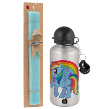 My Little Pony, Easter Set, metallic silver aluminum water bottle (500ml) & scented flat Easter candle (30cm) (TURQUOISE)