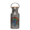 Stainless steel metallic thermos flask, silver with a bamboo lid, double-walled, 350ml.