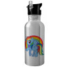 Water bottle Silver with straw, stainless steel 600ml