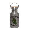 Stainless steel metallic thermos flask, silver with a bamboo lid, double-walled, 350ml.