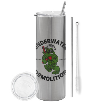 Underwater Demolition, Eco friendly stainless steel Silver tumbler 600ml, with metal straw & cleaning brush