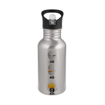 3G > 4G > 5G, Water bottle Silver with straw, stainless steel 500ml