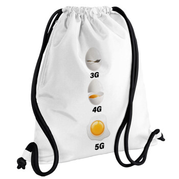 3G > 4G > 5G, Backpack pouch GYMBAG white, with pocket (40x48cm) & thick cords