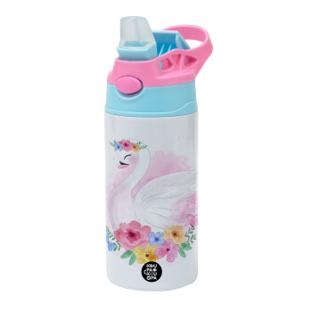 White swan, Children's hot water bottle, stainless steel, with safety straw, Pink/BlueCiel (360ml) BPA FREE