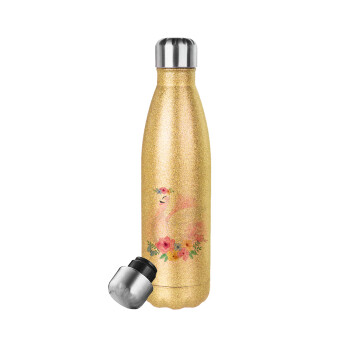 White swan, Glitter gold stainless steel thermos bottle, double-walled, 500ml