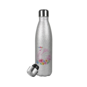 White swan, Metallic Glitter Silver Thermos Flask (Stainless steel), double-walled, 500ml