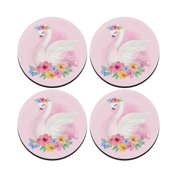 White swan, SET of 4 round wooden coasters (9cm)