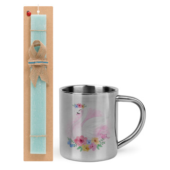 White swan, Easter Set, metallic thermal cup (300ml) & aromatic flat Easter candle (30cm) (TURQUOISE)