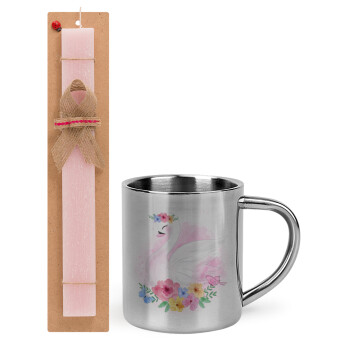 White swan, Easter Set, metallic thermal cup (300ml) & aromatic flat Easter candle (30cm) (PINK)