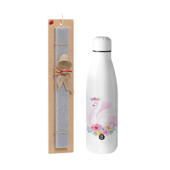 White swan, Easter Set, metallic Inox water bottle (700ml) & Easter scented flat candle (30cm) (GRAY)