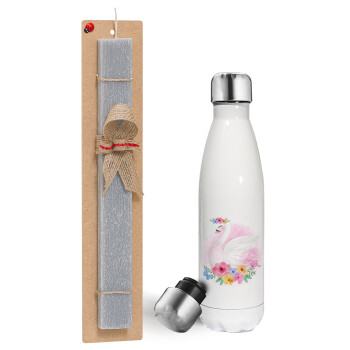 White swan, Easter candle, metallic white thermos bottle (500ml) & aromatic flat candle (30cm) (GRAY)