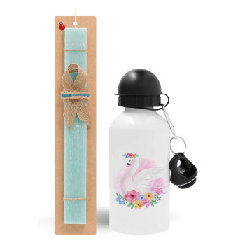 White swan, Easter Set, metallic aluminum water bottle (500ml) & scented flat candle (30cm) (TURQUOISE)