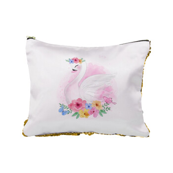 White swan, Sequin Gold Pouch Cosmetic Bag