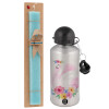 Easter Set, metallic silver aluminum water bottle (500ml) & scented flat Easter candle (30cm) (TURQUOISE)